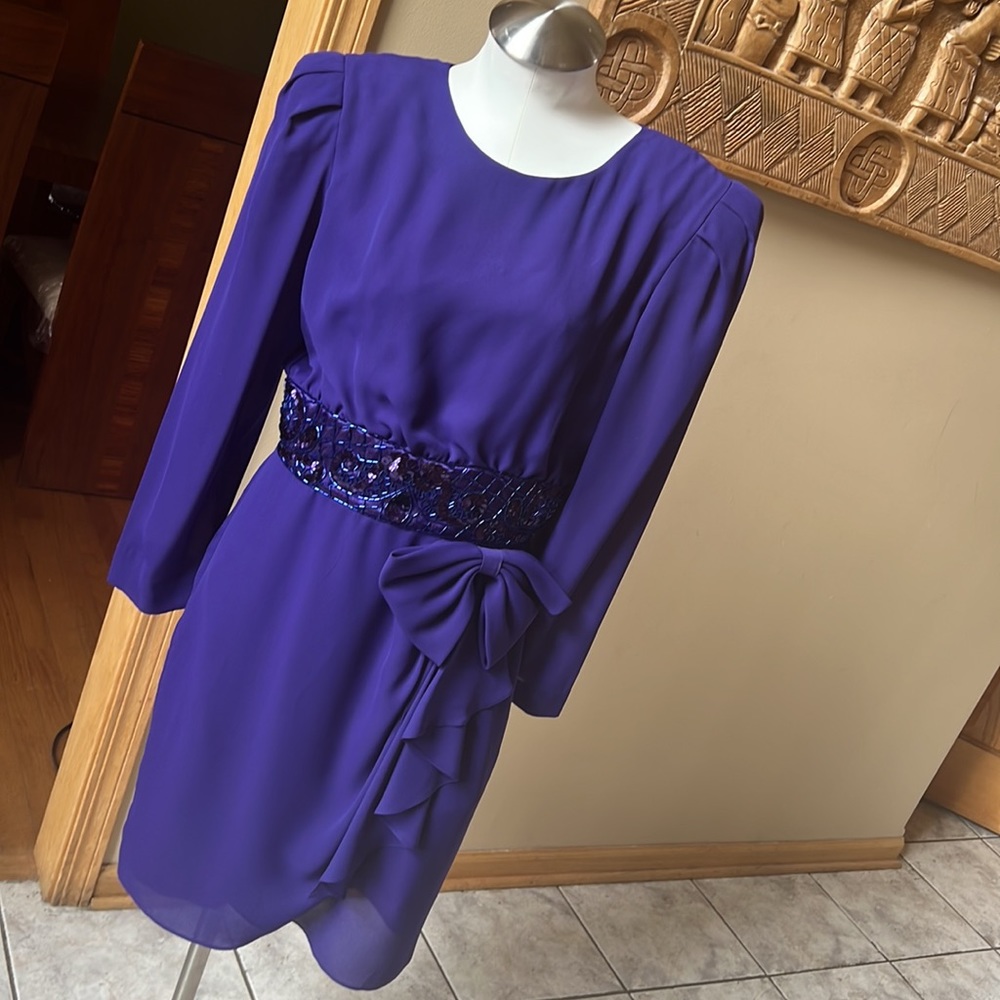 Vintage 80’s purple chiffon dress, with side ruffle bow, size vintage 10 holiday